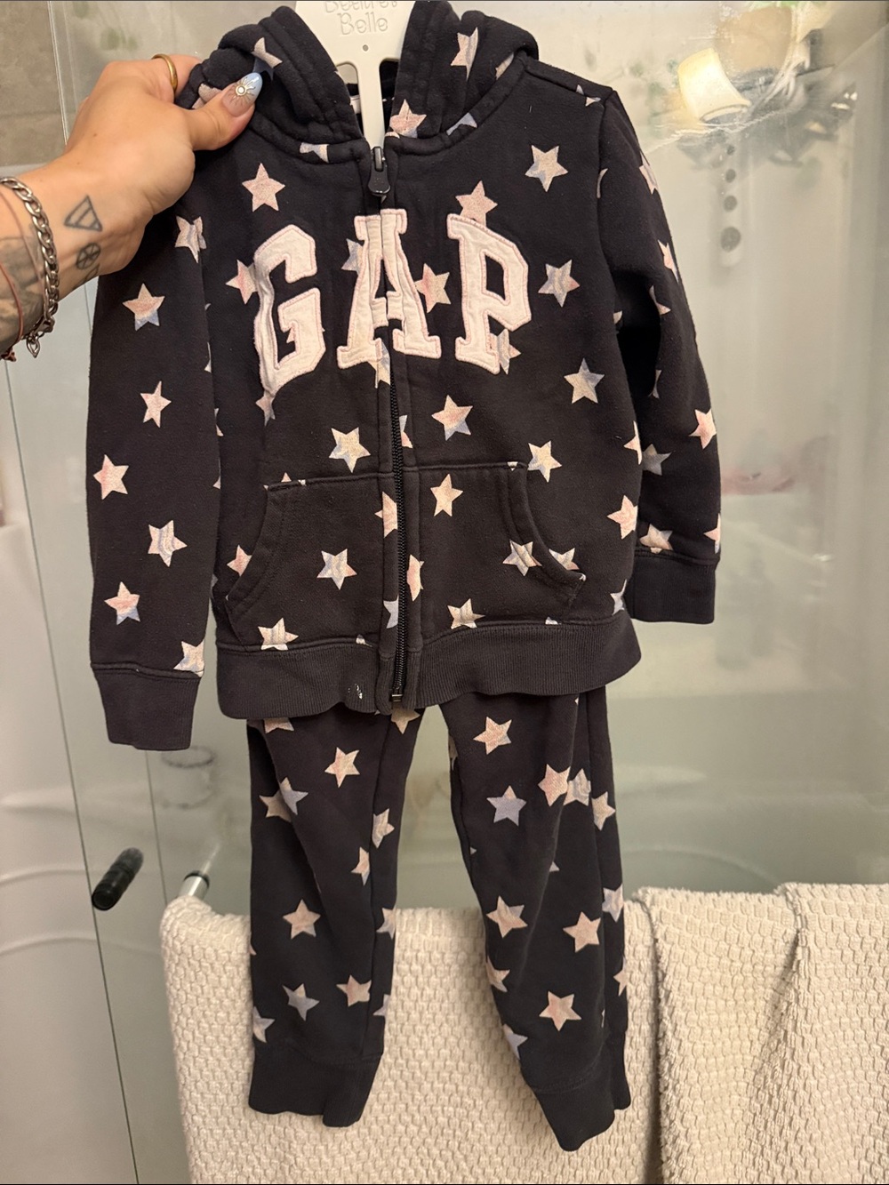 GAP Navy Hoodie & Jogger Set with Light Pink/Purple/White Stars